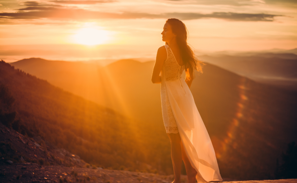 Frau, sonnenaufgang, in den Bergen, Angst annehmen
